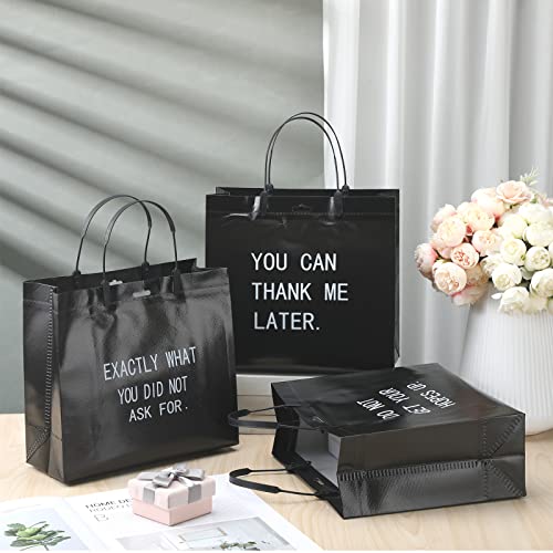 12 Pcs Funny Black Gift Bags Set with Handles Glossy Reusable Gift Bags Tote Bags Non Woven Grocery Shopping Cloth Bag for Christmas Birthday Wedding Party Anniversary, Medium Size 9.8 x 9 x 3.9 Inch