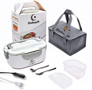 electric lunch box food warmer,oakaylif 2 in 1 portable heated lunch boxes for truck/home/office 110v&12v 55w with 2 compartments,1.5l 304 stainless steel container,ss fork & spoon and insulation bag