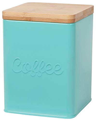 Now Designs Square Coffee Tin, Turquoise, Vintage Script Print