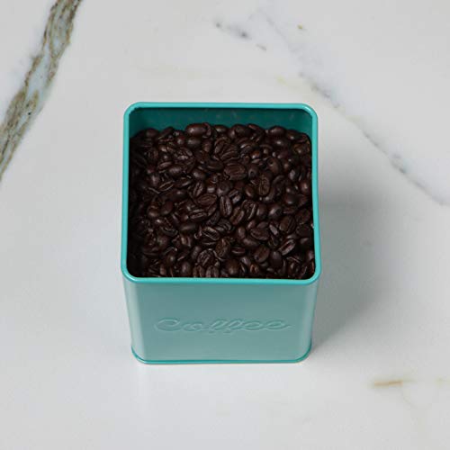 Now Designs Square Coffee Tin, Turquoise, Vintage Script Print