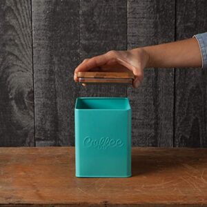 Now Designs Square Coffee Tin, Turquoise, Vintage Script Print