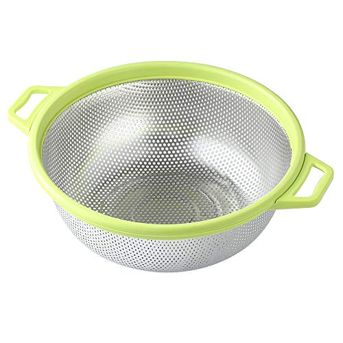 Stainless Steel Colander With Handle and Legs, Large Metal Green Strainer for Pasta, Spaghetti, Berry, Veggies, Fruits, Noodles, Salads, 5-quart 10.5” Kitchen Food Mesh Colander, Dishwasher Safe