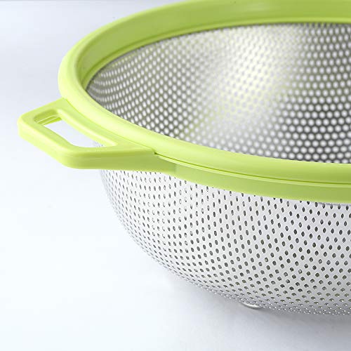 Stainless Steel Colander With Handle and Legs, Large Metal Green Strainer for Pasta, Spaghetti, Berry, Veggies, Fruits, Noodles, Salads, 5-quart 10.5” Kitchen Food Mesh Colander, Dishwasher Safe