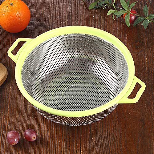 Stainless Steel Colander With Handle and Legs, Large Metal Green Strainer for Pasta, Spaghetti, Berry, Veggies, Fruits, Noodles, Salads, 5-quart 10.5” Kitchen Food Mesh Colander, Dishwasher Safe