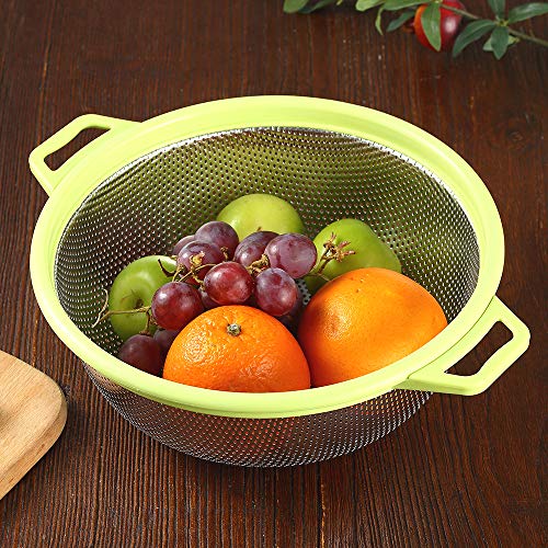 Stainless Steel Colander With Handle and Legs, Large Metal Green Strainer for Pasta, Spaghetti, Berry, Veggies, Fruits, Noodles, Salads, 5-quart 10.5” Kitchen Food Mesh Colander, Dishwasher Safe