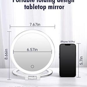 FASCINATE Magnifying Mirror 10X 1X Double Sided Magnification Makeup Vanity Mirror Rechargeable Lighted Mirror with 3 Color Setting Adjustable Rotation LED Vanity Desk Mirror White(Not Include Bag)