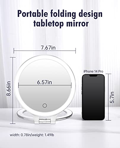 FASCINATE Magnifying Mirror 10X 1X Double Sided Magnification Makeup Vanity Mirror Rechargeable Lighted Mirror with 3 Color Setting Adjustable Rotation LED Vanity Desk Mirror White(Not Include Bag)