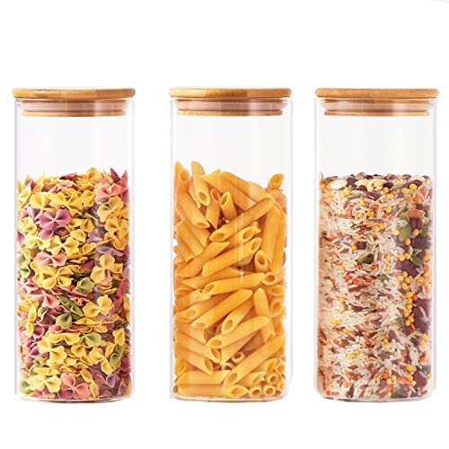 Glass Food Storage Containers 3Pcs (34oz*3), Airtight Food Jars with Bamboo Wooden Lids, Canister Set for Kitchen Counter, Pantry Organization Jar for Sugar Flour Cereal Candy Cookie Coffee Beans (34oz*3)