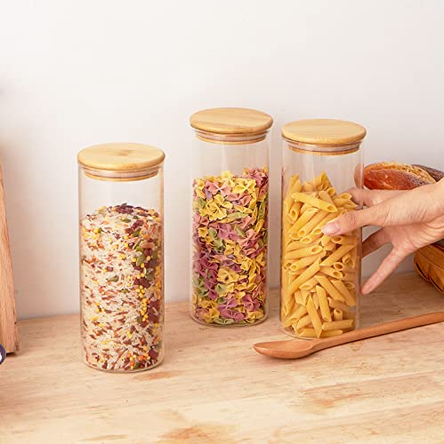 Glass Food Storage Containers 3Pcs (34oz*3), Airtight Food Jars with Bamboo Wooden Lids, Canister Set for Kitchen Counter, Pantry Organization Jar for Sugar Flour Cereal Candy Cookie Coffee Beans (34oz*3)