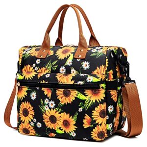 idle hippo insulated lunch bag large lunch box container with multi-pockets leakproof cooler tote bag with adjustable shoulder strap for adult men women work office picnic-sunflowers