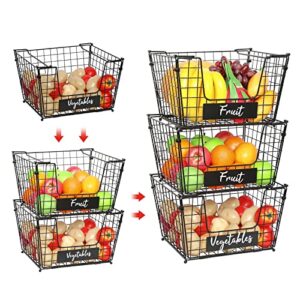 3 tier foldable wire basket xxxl size, stackable fruit vegetable storage basket with name plate standing metal mesh bin organizer for kitchen counter pantry cabinet 14.1”l x 12.5”w x 23.6”h