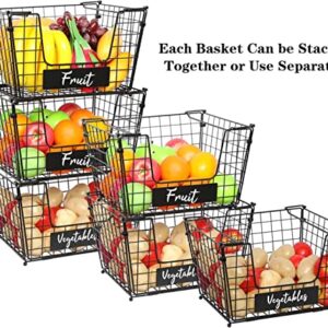 3 Tier Foldable Wire Basket XXXL Size, Stackable Fruit Vegetable Storage Basket with Name Plate Standing Metal Mesh Bin Organizer for Kitchen Counter Pantry Cabinet 14.1''L x 12.5''W x 23.6''H