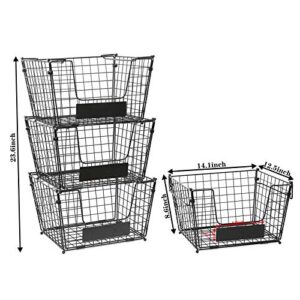 3 Tier Foldable Wire Basket XXXL Size, Stackable Fruit Vegetable Storage Basket with Name Plate Standing Metal Mesh Bin Organizer for Kitchen Counter Pantry Cabinet 14.1''L x 12.5''W x 23.6''H