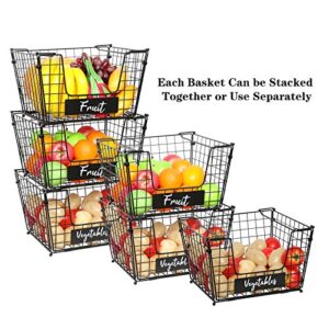 3 Tier Foldable Wire Basket XXXL Size, Stackable Fruit Vegetable Storage Basket with Name Plate Standing Metal Mesh Bin Organizer for Kitchen Counter Pantry Cabinet 14.1''L x 12.5''W x 23.6''H