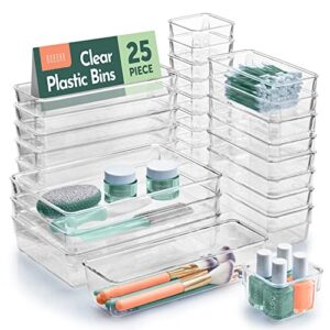 ruboxa clear drawer organizer – 25 pcs clear plastic drawer organizers for home organization and storage, including 4 sizes small organizer bins, non-slip pads, for bathroom, kitchen, vanity & office