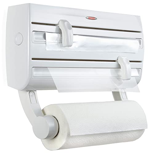 Leifheit 25771 4-in-1 Wall-Mount Paper Towel Holder | Plastic Wrap and Foil Dispenser with Spice Rack | White