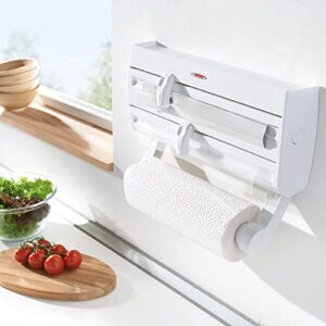 Leifheit 25771 4-in-1 Wall-Mount Paper Towel Holder | Plastic Wrap and Foil Dispenser with Spice Rack | White