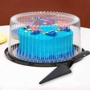 10 – 11″ plastic disposable cake containers carriers with dome lids and cake boards [5 pack] and cake server | round bundt cake boxes / cover | 2-3 layer cake holder display containers for transport