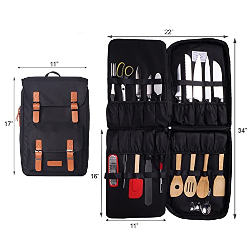 Chef Knife Bag Vintage Style Backpack | 30+ Pockets for Knives & Tools | Special Slot for Honing Rod & Cleaver | Durable Knife Case for Chefs & Culinary Students (Black)