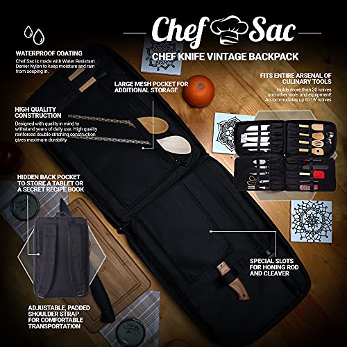 Chef Knife Bag Vintage Style Backpack | 30+ Pockets for Knives & Tools | Special Slot for Honing Rod & Cleaver | Durable Knife Case for Chefs & Culinary Students (Black)