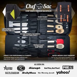 Chef Knife Bag Vintage Style Backpack | 30+ Pockets for Knives & Tools | Special Slot for Honing Rod & Cleaver | Durable Knife Case for Chefs & Culinary Students (Black)