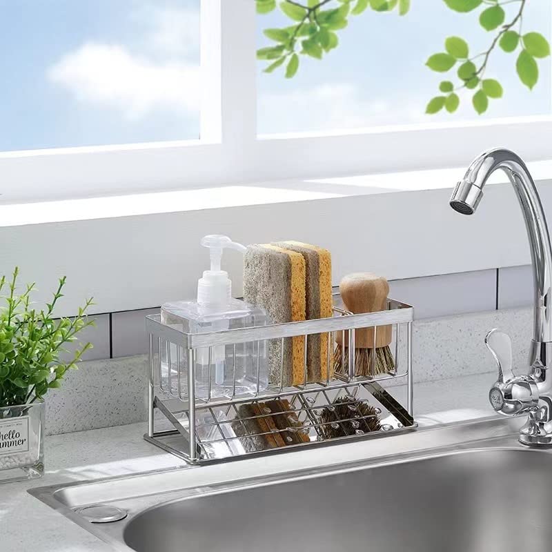 Athena’s Home & Decor - Stainless Steel Sink Caddy Kitchen Sink Organizer - Adjustable Partition Kitchen Sponge Holder for Sink - Quick Draining Tray Dish Sponge Holder