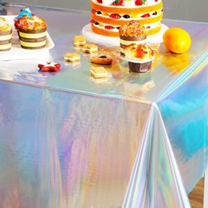Iridescence Plastic Tablecloths Laser Table Covers Holographic Foil for Girl Party Wedding Disco Dance Birthday Holiday Mermaid Party Decorations 54 x 108 Inch (Laser Color, 3 Pack)