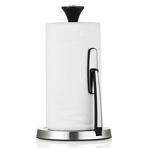 Paper Towel Holder, Lycklig Tension Arm Kitchen Roll Dispenser Stainless Steel Paper Towel Holder Stand with Weighted Base, Ideal for Kitchen & Dining Room