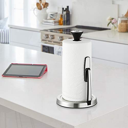 Paper Towel Holder, Lycklig Tension Arm Kitchen Roll Dispenser Stainless Steel Paper Towel Holder Stand with Weighted Base, Ideal for Kitchen & Dining Room