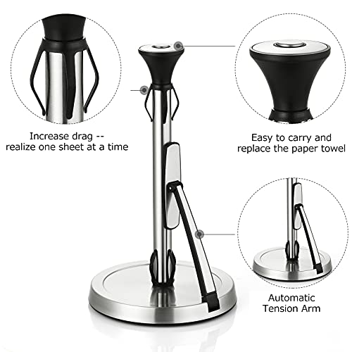 Paper Towel Holder, Lycklig Tension Arm Kitchen Roll Dispenser Stainless Steel Paper Towel Holder Stand with Weighted Base, Ideal for Kitchen & Dining Room