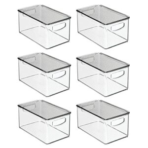 mDesign Plastic Deep Storage Bin Box Container with Lid and Built-In Handles - Organization for Fruit, Snacks, or Food in Kitchen Pantry, Cabinet, Cupboard, Ligne Collection, 6 Pack, Clear/Smoke Gray