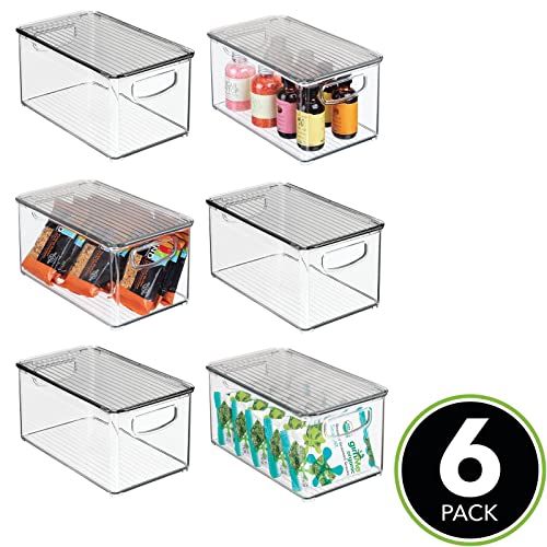 mDesign Plastic Deep Storage Bin Box Container with Lid and Built-In Handles - Organization for Fruit, Snacks, or Food in Kitchen Pantry, Cabinet, Cupboard, Ligne Collection, 6 Pack, Clear/Smoke Gray