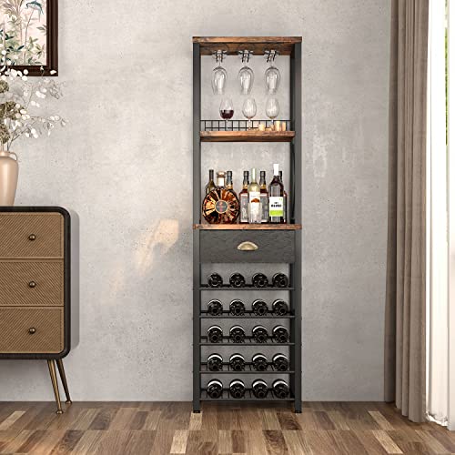 Homeiju Wine Rack Freestanding Floor, Bar Cabinets for Liquor and Glasses, 4-Tier bar cabinet with Tabletop, Glass Holder, Storage Drawer and Wine storage for Living Room, Kitchen, Home Bar(20 Bottle)