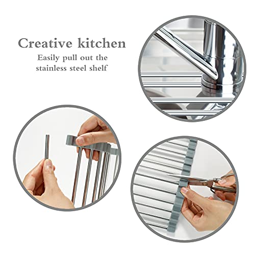 Xgunion Roll-up Dish Drying Rack Over Sink (17.8" x 11.8") 304 Stainless Steel Foldable Sink Dish Drainer Racks for Kitchen Sink Counter