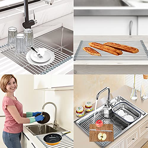 Xgunion Roll-up Dish Drying Rack Over Sink (17.8" x 11.8") 304 Stainless Steel Foldable Sink Dish Drainer Racks for Kitchen Sink Counter