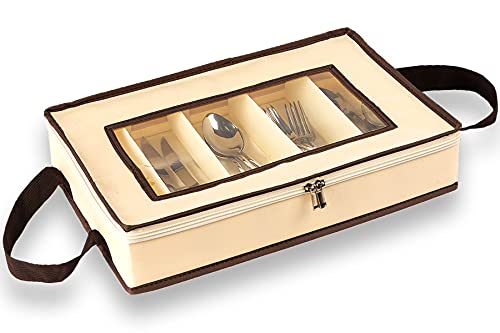 Flatware Utensil Storage Case, Silverware Storage Box, Sterling Silver Flatware Storage Chest, Cutlery Storage, Silverware Organizer with Zipper Lid and Carry Handles, Silverware Container Tray