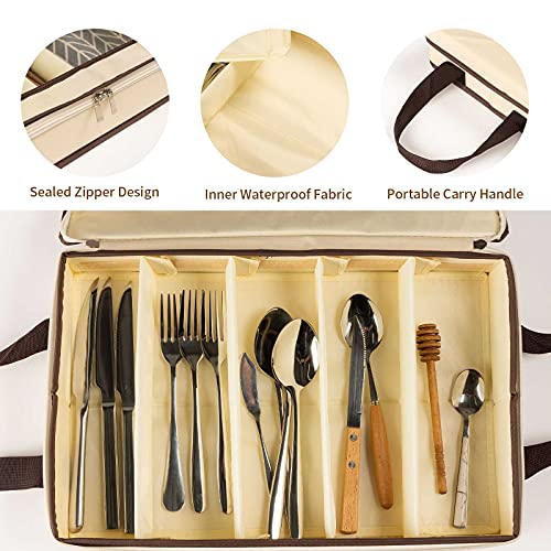 Flatware Utensil Storage Case, Silverware Storage Box, Sterling Silver Flatware Storage Chest, Cutlery Storage, Silverware Organizer with Zipper Lid and Carry Handles, Silverware Container Tray