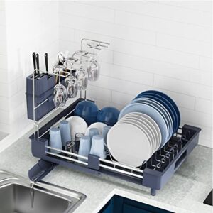 ROTTOGOON Dish Drying Rack, Stainless Steel Large Dish Rack, Expandable (12.8"-19.1") Dish Drainer with Swivel Spout, Utensil Holder, Cup Holder and Wine Glass Holder for Kitchen Counter Cabinet, Gray