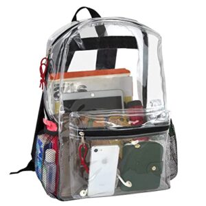 Trail maker Clear Backpack With Reinforced Straps & Front Accessory Pocket - Perfect for School, Security, & Sporting Events (Black) Medium