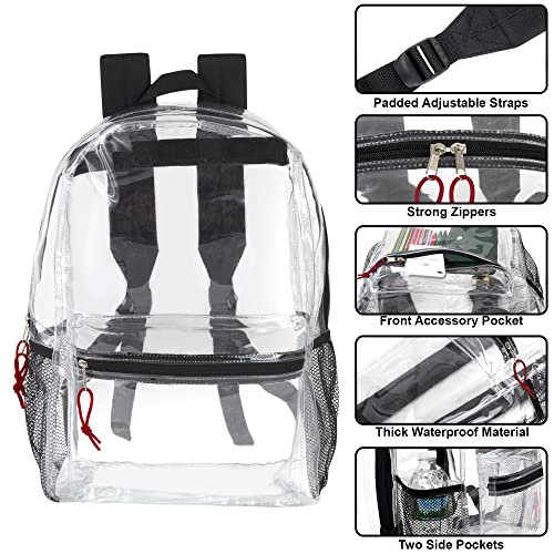 Trail maker Clear Backpack With Reinforced Straps & Front Accessory Pocket - Perfect for School, Security, & Sporting Events (Black) Medium