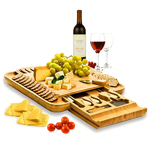 Premium Bamboo Cheese Board: Large Charcuterie Boards Set Including 4 Stainless Steel Knife & Wine Opener - Cheese Platter & Serving Tray - Ideal Valentines Day Gifts, Housewarming Gift, Wedding Gifts