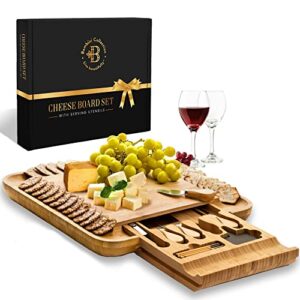 premium bamboo cheese board: large charcuterie boards set including 4 stainless steel knife & wine opener – cheese platter & serving tray – ideal valentines day gifts, housewarming gift, wedding gifts