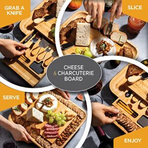 Premium Bamboo Cheese Board: Large Charcuterie Boards Set Including 4 Stainless Steel Knife & Wine Opener - Cheese Platter & Serving Tray - Ideal Valentines Day Gifts, Housewarming Gift, Wedding Gifts