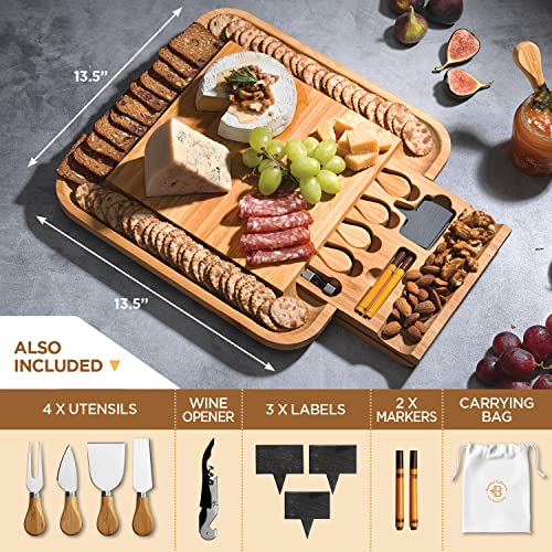 Premium Bamboo Cheese Board: Large Charcuterie Boards Set Including 4 Stainless Steel Knife & Wine Opener - Cheese Platter & Serving Tray - Ideal Valentines Day Gifts, Housewarming Gift, Wedding Gifts