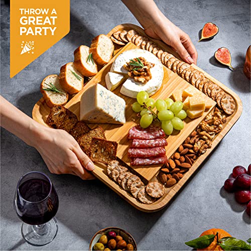 Premium Bamboo Cheese Board: Large Charcuterie Boards Set Including 4 Stainless Steel Knife & Wine Opener - Cheese Platter & Serving Tray - Ideal Valentines Day Gifts, Housewarming Gift, Wedding Gifts