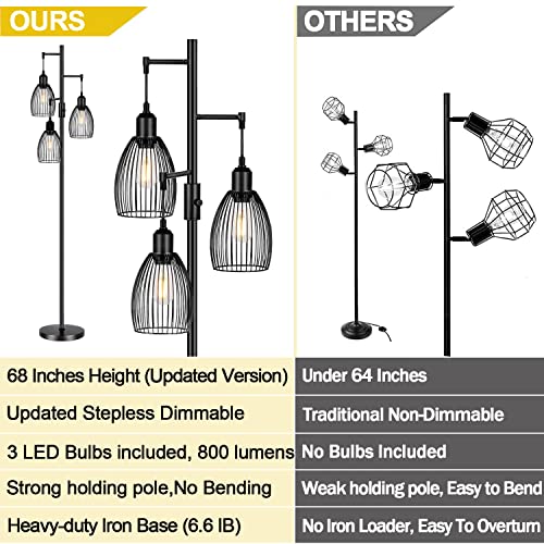 Dimmable Floor Lamp, 3 x 800LM LED Edison Bulbs Included, Farmhouse Industrial Floor Lamp Standing Tree Lamp with Elegant Teardrop Cage Heads Tall Lamps for Living Room Bedroom Office Dining Room