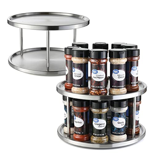 2 Tier Lazy Susan - 2 Pack Stainless Steel 360 Degree Turntable – Rotating Tabletop Stand for Your Dining Table, Kitchen Counters and Cabinets – Spice Rack Organizer Tray 10.5" Diameter - 2 Pack