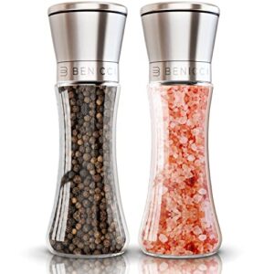 premium salt and pepper grinder set of 2 – two refillable, stainless steel sea salt & spice shakers with adjustable coarse mills – easy clean ceramic grinders w/ bonus silicone funnel & cleaning brush