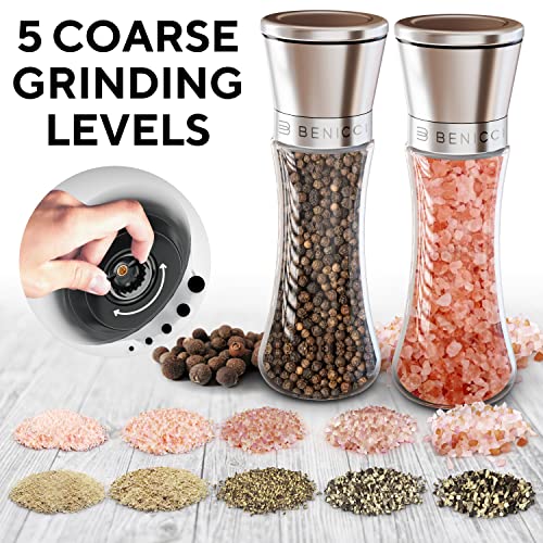 Premium Salt and Pepper Grinder Set of 2 - Two Refillable, Stainless Steel Sea Salt & Spice Shakers with Adjustable Coarse Mills - Easy Clean Ceramic Grinders w/ BONUS Silicone Funnel & Cleaning Brush