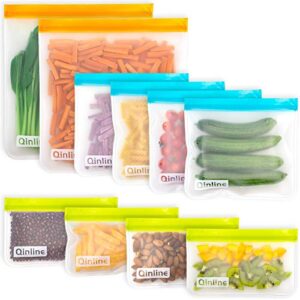 reusable food storage bags – 10 pack bpa free flat freezer bags(2 reusable gallon bags + 4 leakproof reusable sandwich bags + 4 food grade kids snack bags)